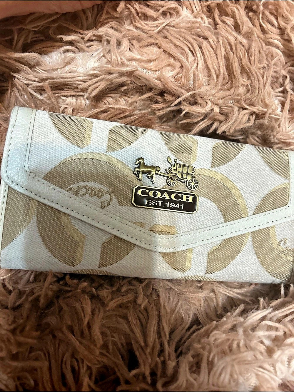 Coach Signature Canvas Flap Wallet in White & Brown
